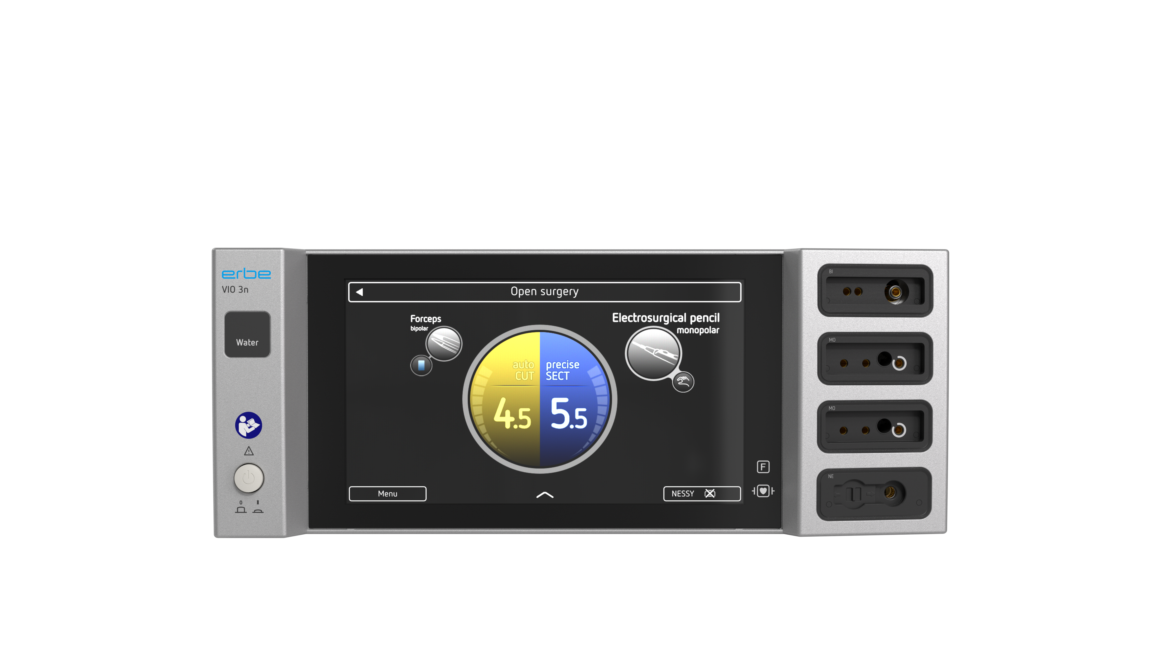 VIO® 3n Water electrosurgical generator with illuminated display showing autoCUT and preciseSECT modes on the user interface.